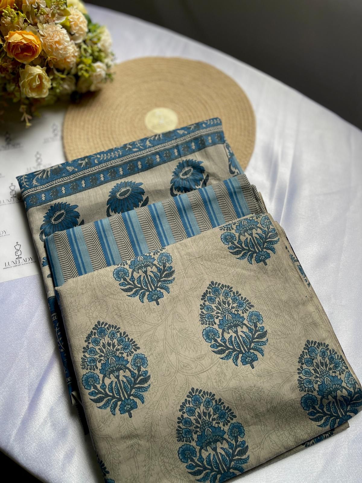 Premium Cotton Unstitched Kurti Set Blue