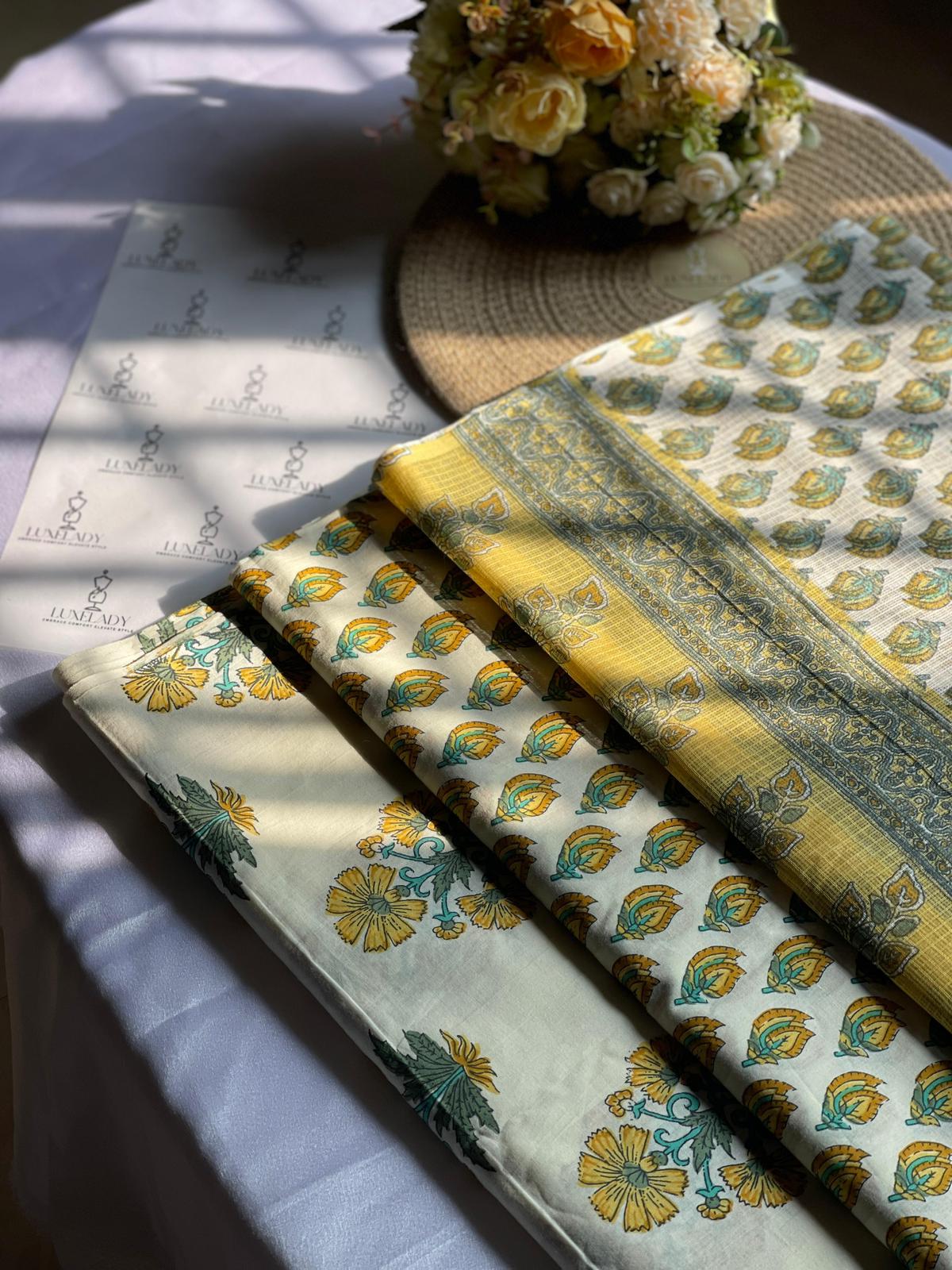 Premium Cotton Unstitched Kurti Set  Yellow